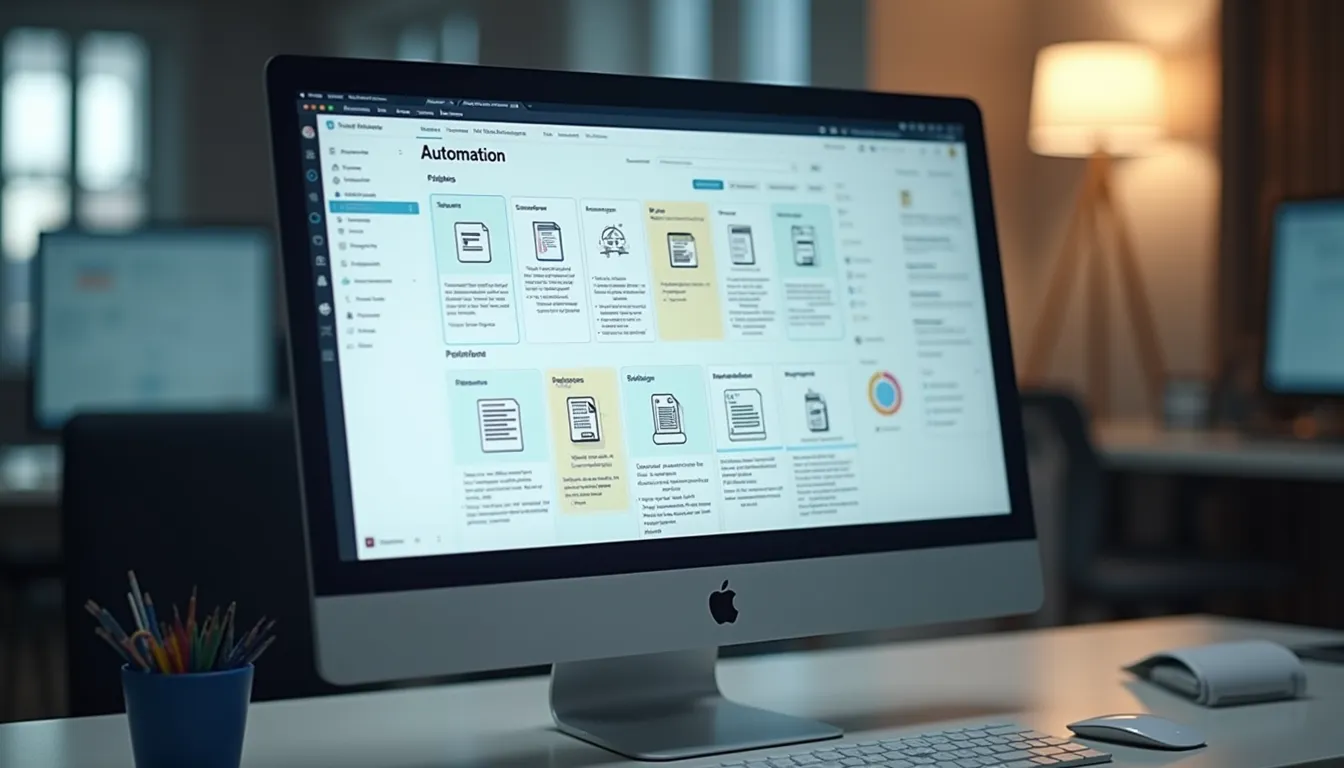 Eye-level view of a computer screen displaying a complex print workflow automation dashboard