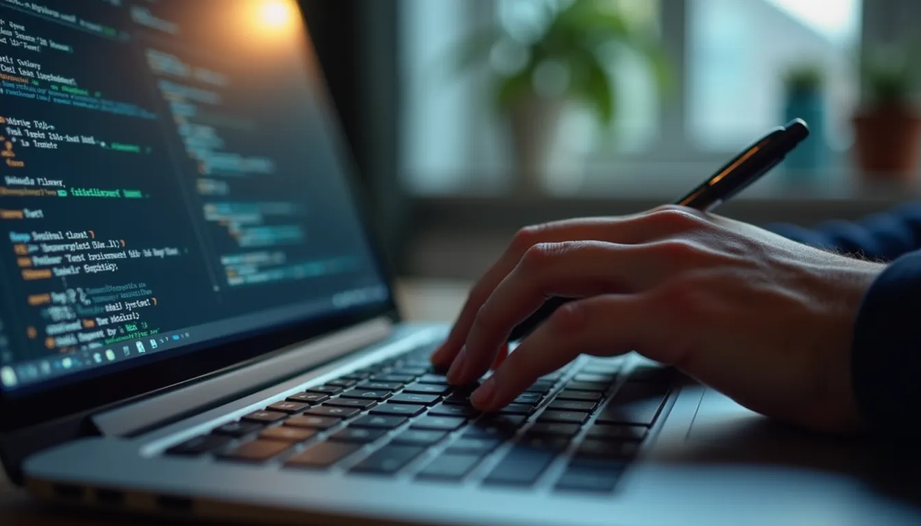Close-up of a developer writing code on a laptop for a custom AI application