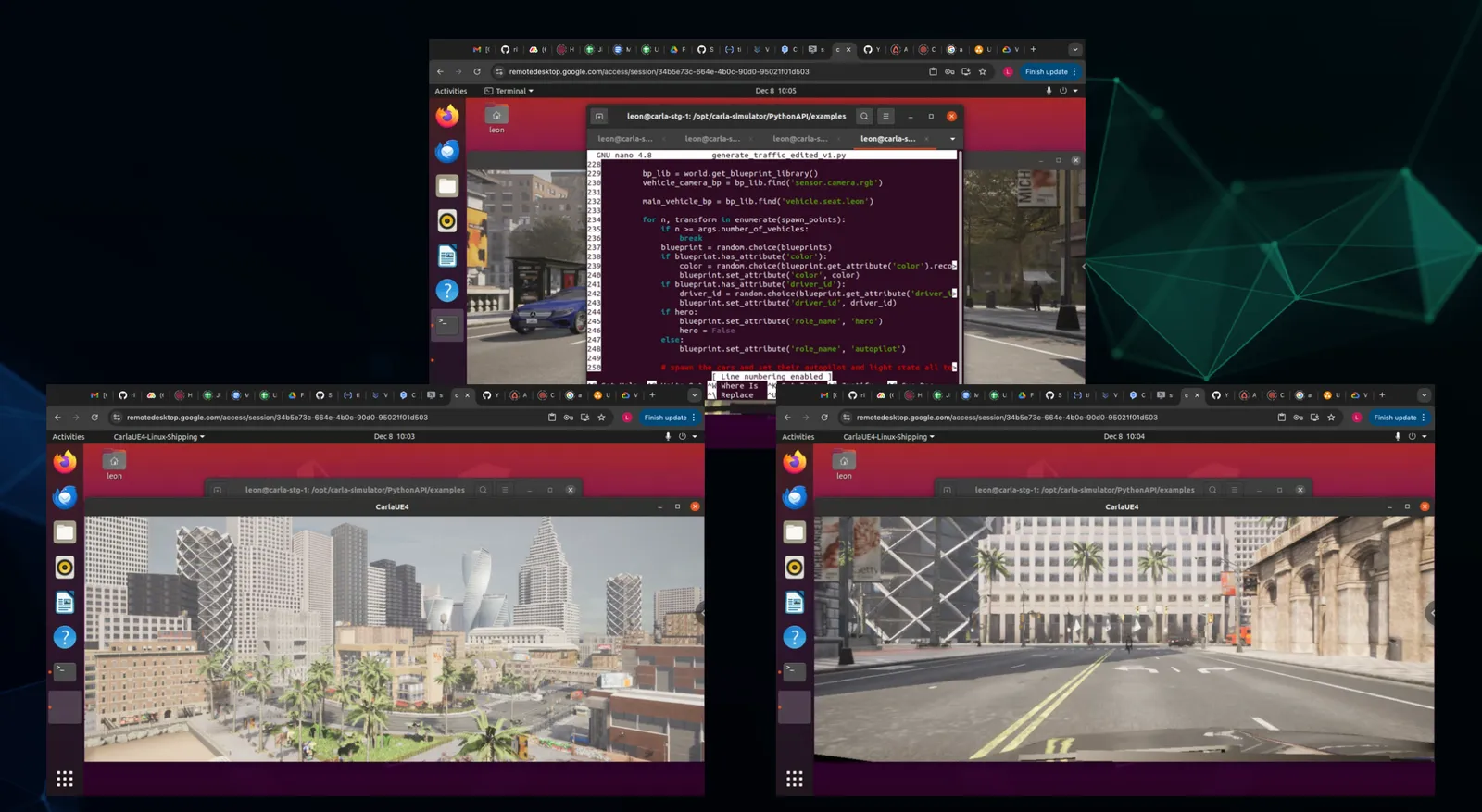 Three computer screens display a city simulation with street and buildings, software code, and browser icons on Ubuntu desktop interfaces.