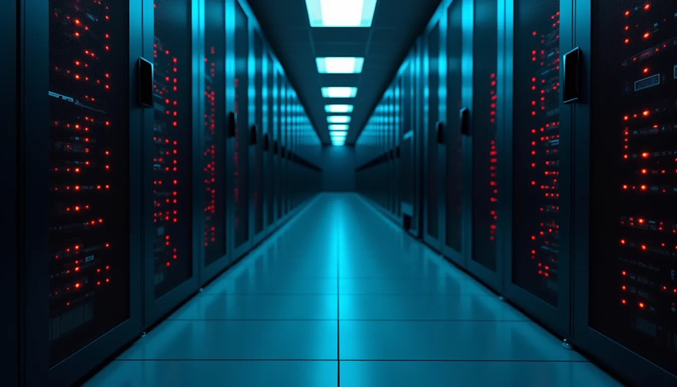 High angle view of a server rack with blinking lights in a data center
