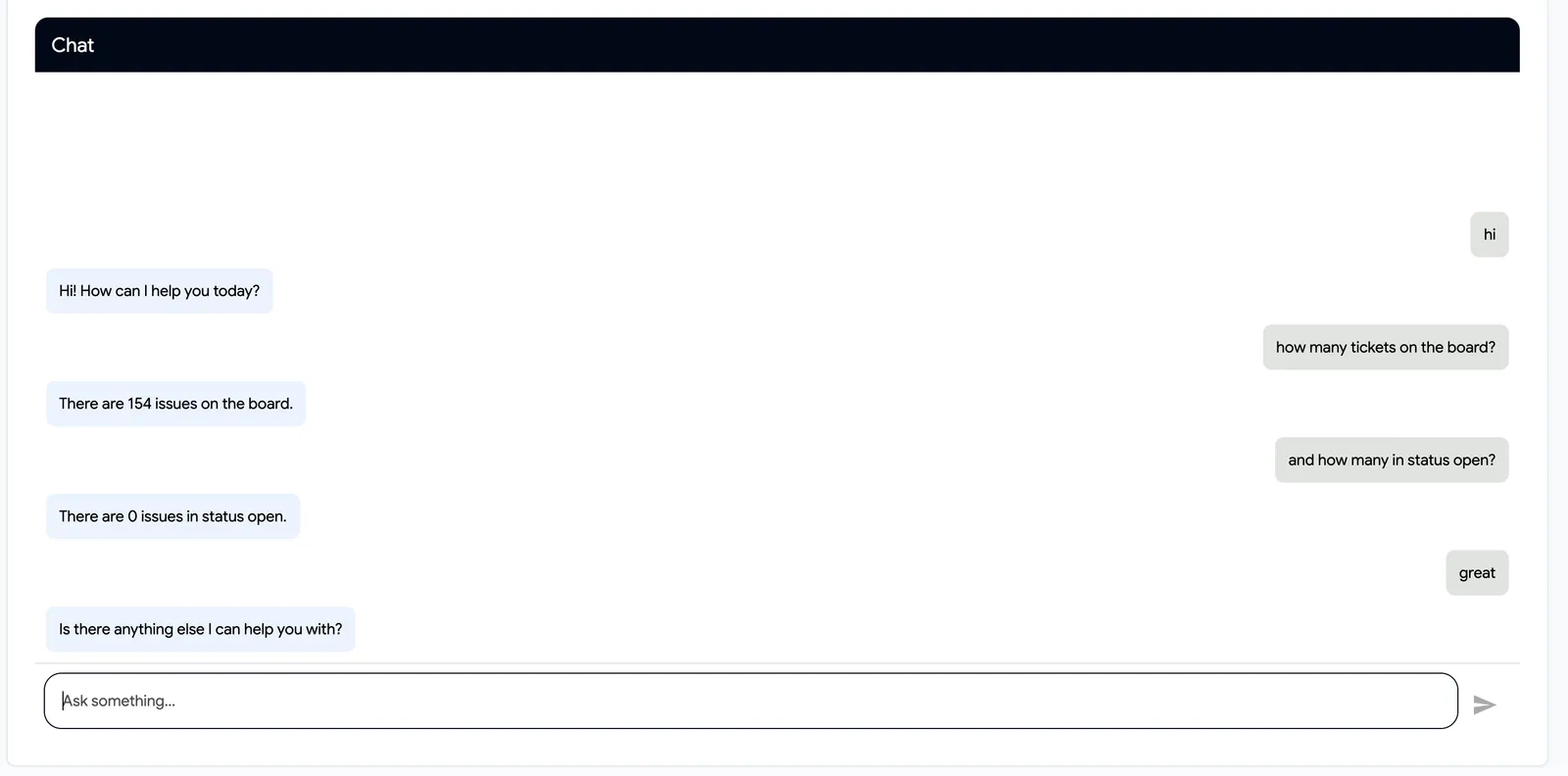 Chat interface showing a conversation about board issues; 154 total, 0 open. Text boxes and a prompt field are visible.