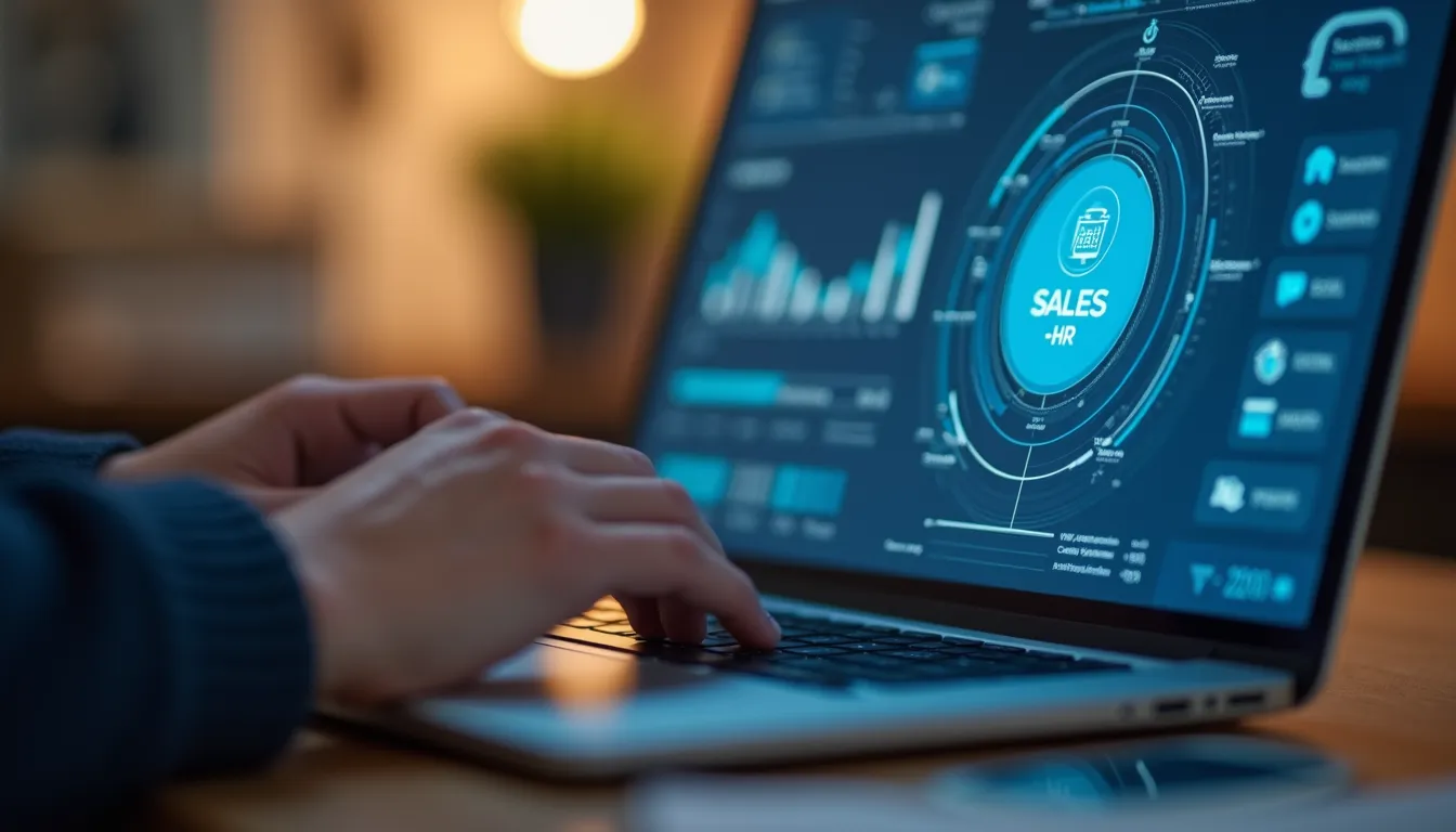 Close-up view of a manager interacting with an AI chatbot on a laptop screen displaying sales and HR data
