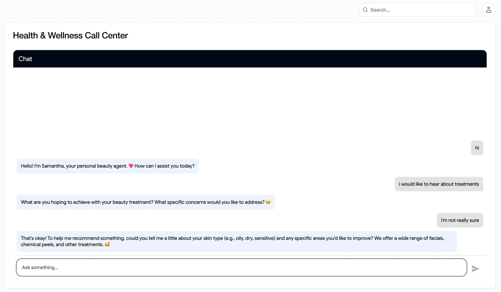 Online chat interface for a health and wellness call center, with customer inquiries about treatments and personalized advice