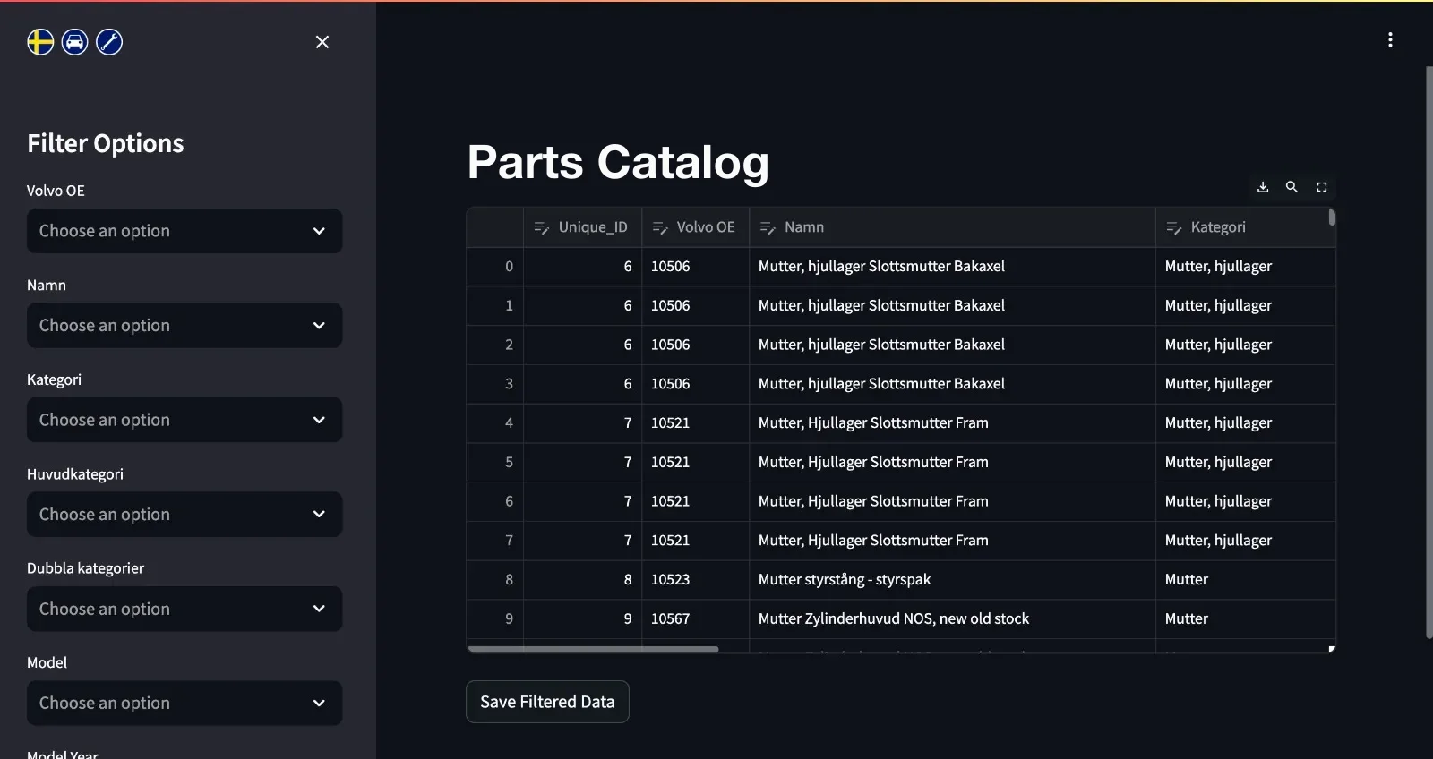 Parts catalog interface with filter options and a searchable table of extracted part numbers, names and categories